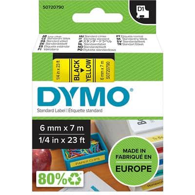 Ruban d’étiquettes Dymo D1 S0720770 / 43610 d’origine Autocollantes Noir sur jaune 6 mm x 7 m
