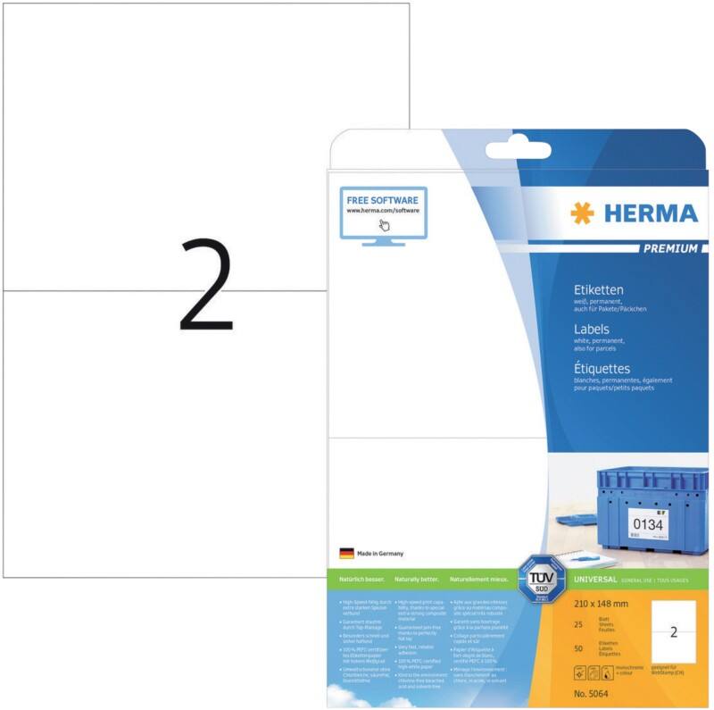 Étiquettes multifonctions HERMA 5064 Adhésif A4 Blanc 210 x 148 mm 25 Feuilles de 2 Étiquettes