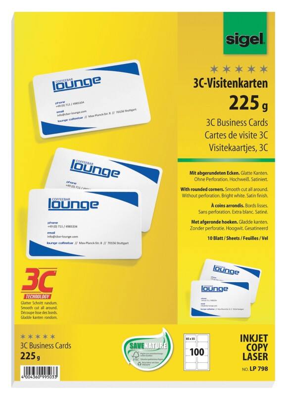 Cartes de visite Sigel 225 g/m² Blanc 10 Feuilles de 10 Unités
