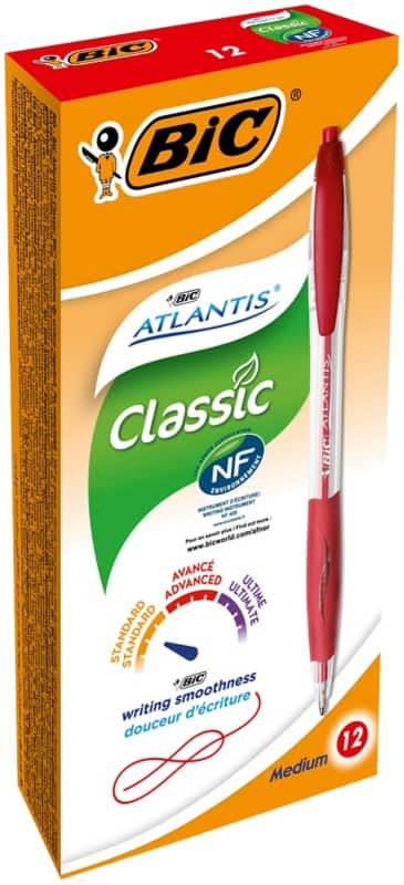 Stylo-bille BIC Atlantis Classic Rétractable Rouge 0,4 mm Moyen Bille Rechargeable 12 Unités