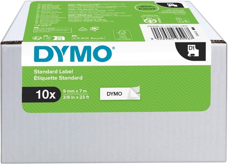 Ruban d’étiquettes Dymo D1 S0720680 / 41913 d’origine Autocollantes Noir sur blanc 9 mm x 7 m Paquet de 10