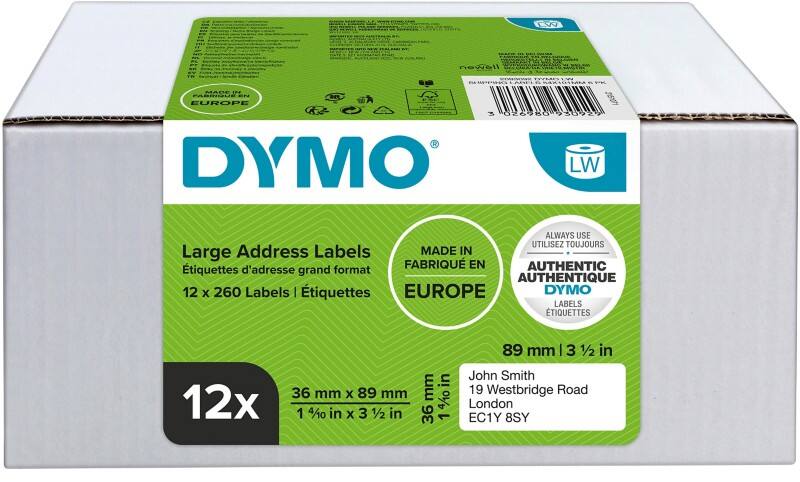 Étiquette d'adresse DYMO LW Authentique 99012 2093093 Autocollantes Noir sur Blanc 89 x 36 mm 12 Rouleaux de 260 Étiquettes