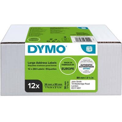 DYMO LW Adresetiketten Authentiek 99012 2093093 Zelfklevend Zwart op Wit 89 x 36 mm 12 Rollen à 260 Etiketten