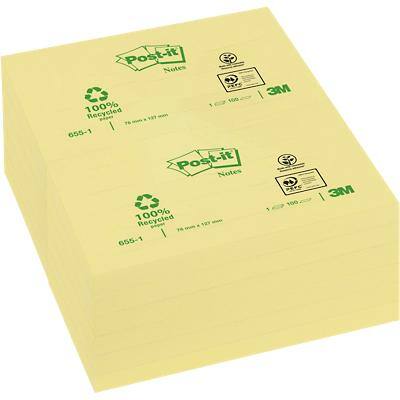 Post-it Recycled Notes 127 x 76 mm Canary Yellow Geel 12 Blokken van 100 Vellen