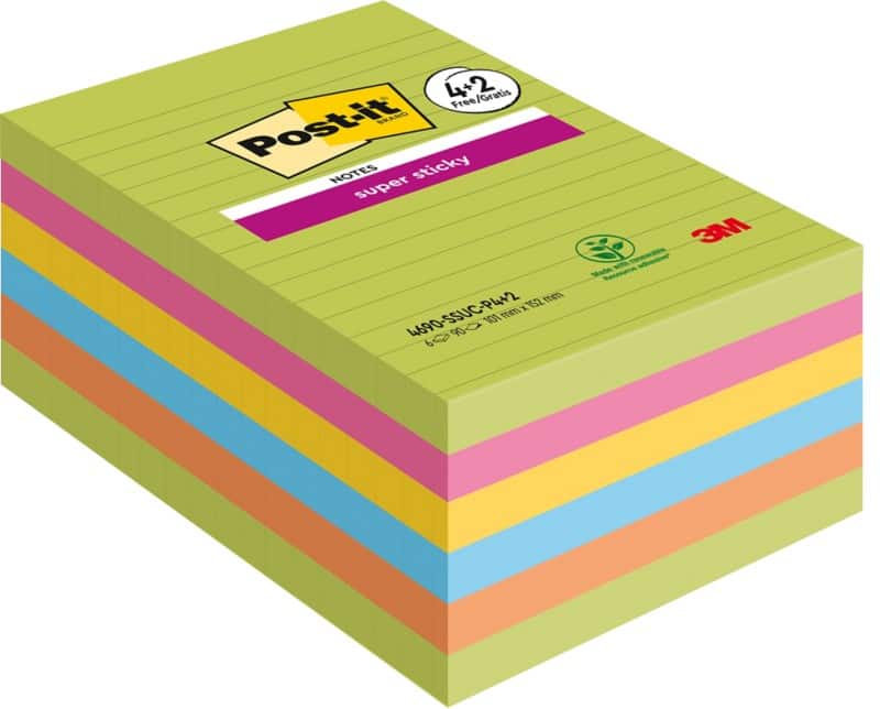 Post-it Super Sticky Notes 101 x 152 mm Kleurenassortiment Gelinieerd 90 Vellen Voordeelpak 4 blokken + 2 GRATIS