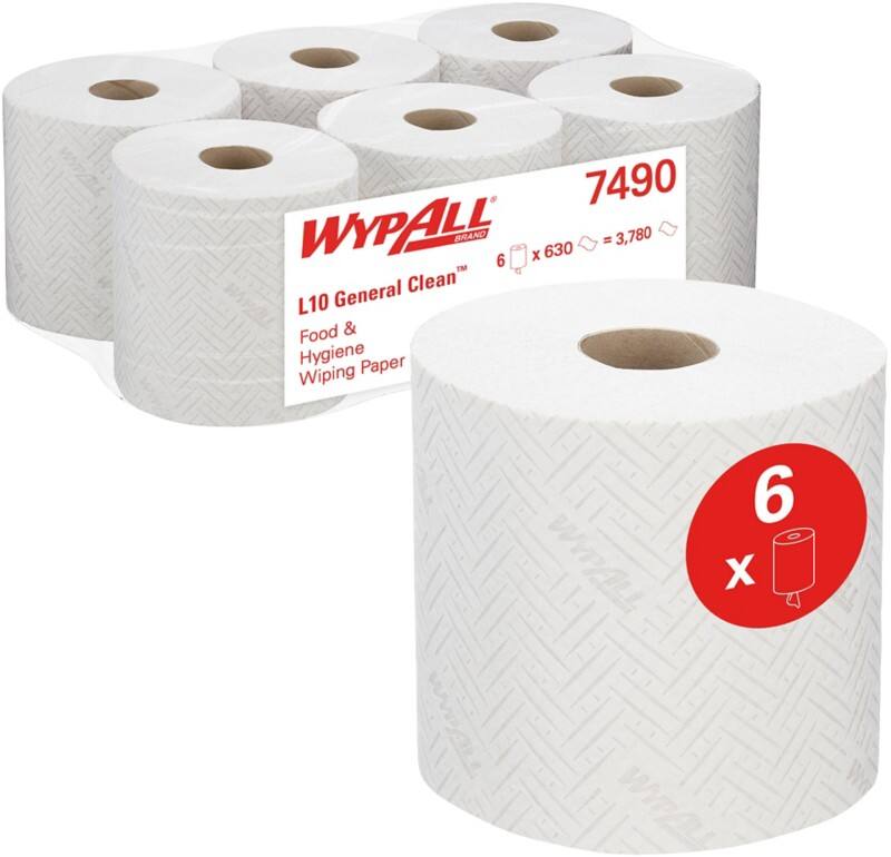 WYPALL L10-Extra 100% Gerecycled Poetspapier Centerfeed Wit 1-laags 7490 6 Rollen à 630 Vellen