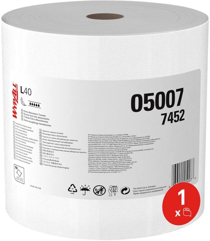 WYPALL L40 Power Clean Poetspapier Rol Wit 1-laags 7452 750 Vellen