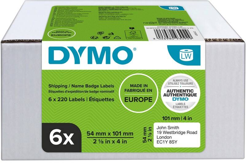 Étiquettes d’expédition/ badges nominatifs LW Dymo 2093092 / 99014 d’origine, autocollants Blanc 54 x 101 mm 220 Étiquettes Paquet de 6