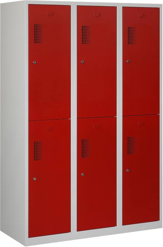 Vestiaire Ceha Métal 2 portes 3 colonnes Serrure à cylindre 1200 x 500 x 1800 mm Gris, rouge