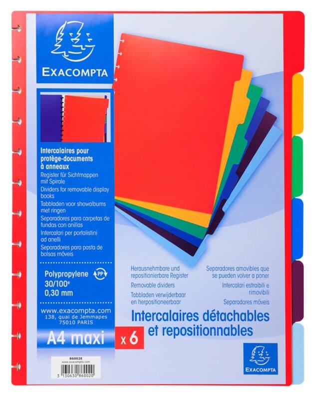 Exacompta Blanco Tabbladen A4 Maxi Kleurenassortiment 6 tabs PP (Polypropeen) 86002E 10 Stuks