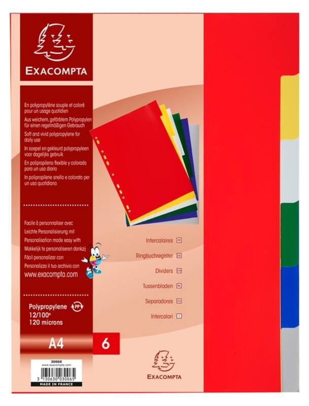 Intercalaires Exacompta Vierge A4 Assortiment 6 intercalaires Polypropylène 11 Perforations 3006E 100 Unités