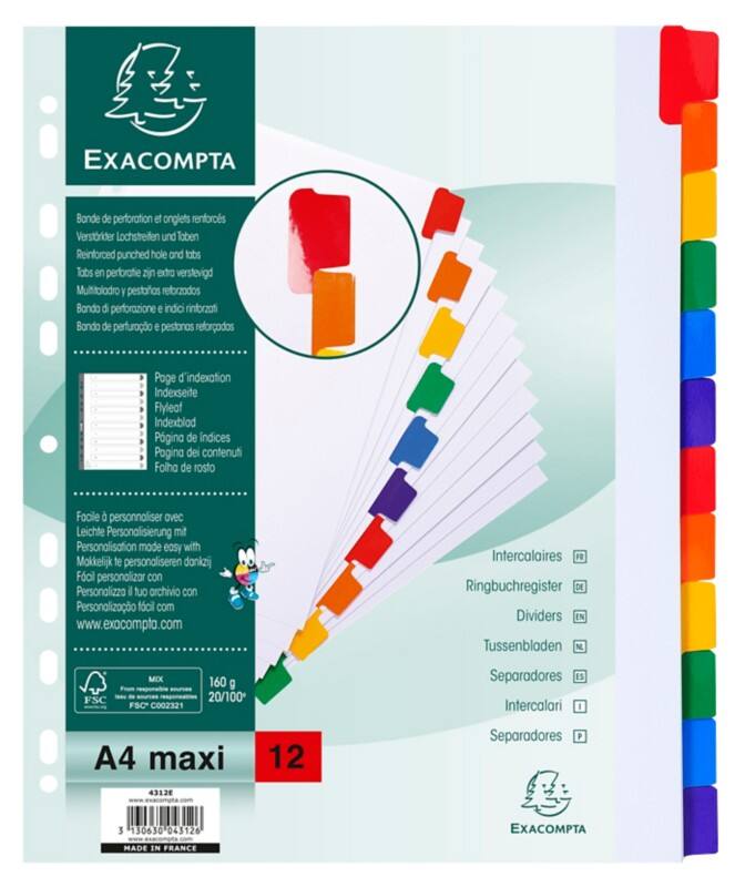 Intercalaires Exacompta Vierge A4 Maxi Assortiment 12 intercalaires Carton 18 Perforations 4312E 20 Unités