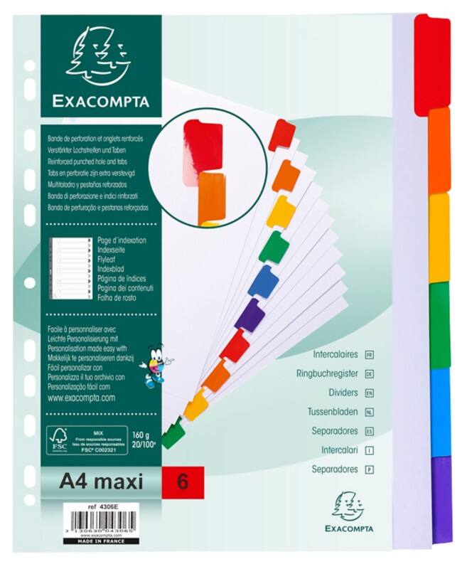Intercalaires Exacompta Vierge A4 Maxi Assortiment 6 intercalaires Carton 18 Perforations 4306E 20 Unités