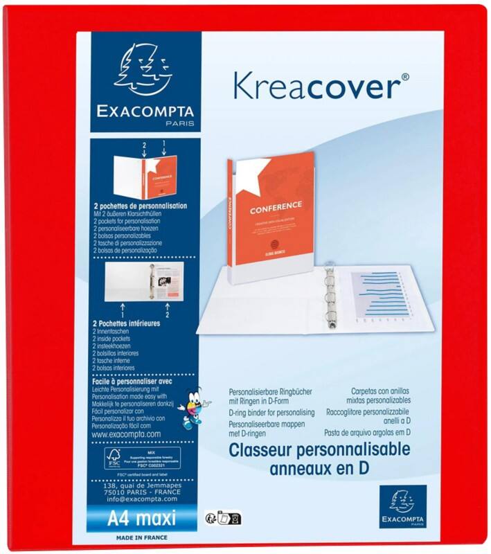 Classeur à anneaux Exacompta Kreacover 40 mm PP (Polypropylène) A4+ 4 Anneaux Rouge 51843RE 10 Unités
