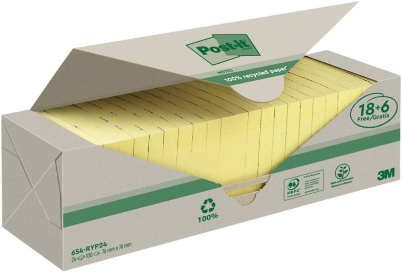 Post-it Gerecyclede zelfklevende memoblaadjes 76 x 76 mm Kanariegeel 100 vellen Voordeelverpakking 18 + 6 gratis
