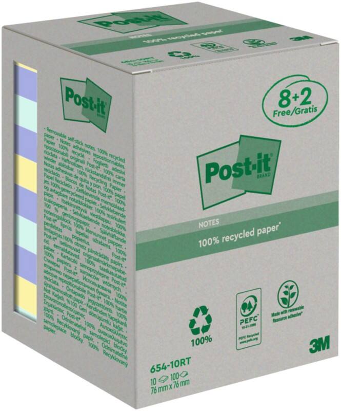 Post-it Gerecyclede zelfklevende memoblaadjes 76 x 76 mm Pastelkleuren 100 vellen Voordeelverpakking 8 + 2 gratis