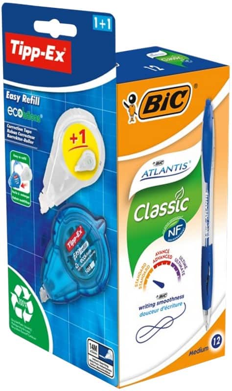 BIC Atlantis Classic Intrekbare Balpennen Medium 0.32 mm Blauw Pak van 12 en 1 Easy Tipp-ex met navulling