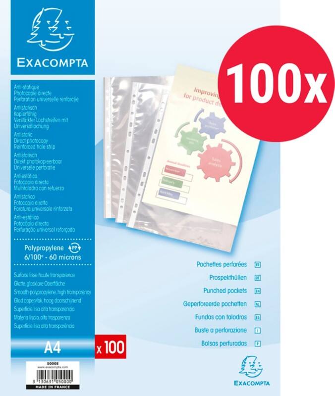 Pochette perforée Exacompta A4 Transparent 60 microns PP (Polypropylène) Ouverture au-dessus 11 Perforations 5000E 100 unités