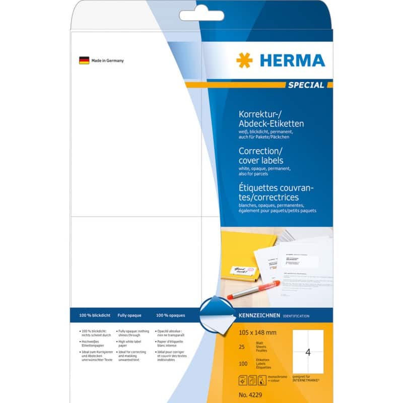 Étiquettes de correction HERMA 4229 Adhésif A4 Blanc 105 x 148 mm 25 Feuilles de 4 Étiquettes