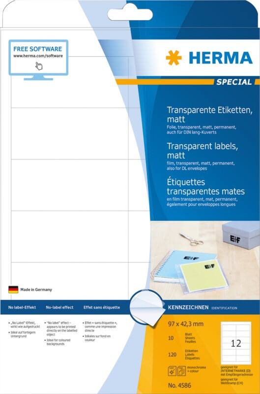 Étiquettes en plastique HERMA 4586 Transparent Rectangulaires A4 97 x 42,3 mm 10 feuilles de 12 étiquettes 4586