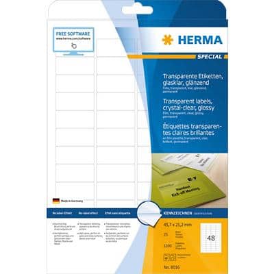 Étiquettes en plastique HERMA 8016 Transparent Rectangulaires A4 45,7 x 21,2 mm 25 feuilles de 48 étiquettes 8016