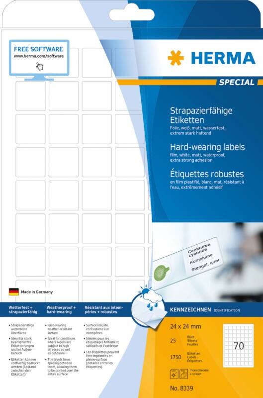 Étiquettes en plastique résistantes HERMA 8339 A4 Blanc Carrées 24 x 24 mm 25 Feuilles de 70 Étiquettes 8339