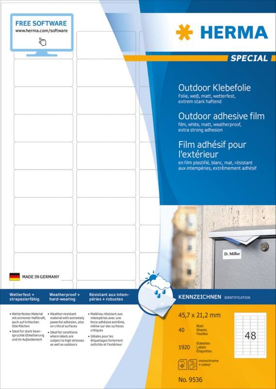 Étiquettes imperméables HERMA 9536 A4 Blanc 45,7 x 21,2 mm 40 Feuilles de 48 Étiquettes 9536