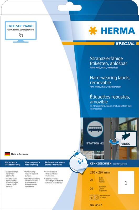 Étiquettes en plastique résistantes HERMA 4577 A4 Blanc Rectangulaires 210 x 297 mm 20 Feuilles de 1 Étiquette 4577