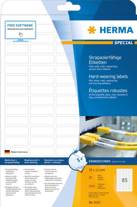 Étiquettes en plastique résistantes HERMA 8337 A4 Blanc Rectangulaires 37 x 13 mm 25 Feuilles de 85 Étiquette 8337