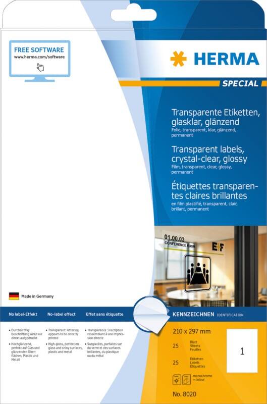 Étiquettes en plastique HERMA 8020 Transparent Rectangulaires A4 210 x 297 mm 25 feuilles de 1 étiquette 8020