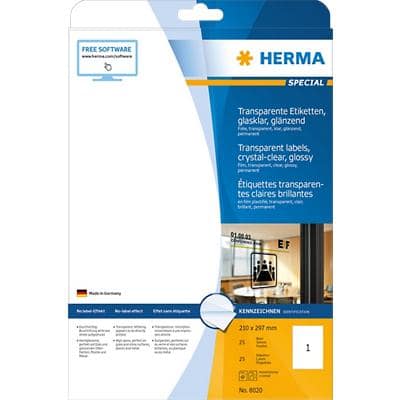 Étiquettes en plastique HERMA 8020 Transparent Rectangulaires A4 210 x 297 mm 25 feuilles de 1 étiquette 8020