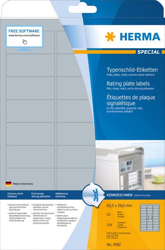 Étiquettes signalétiques HERMA 4592 Argentées Rectangulaires A4 63,5 x 29,6 mm 10 feuilles de 27 étiquettes 4592