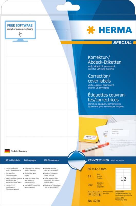 Étiquettes de correction HERMA Laser 4228 Adhésif A4 Blanc 97 x 42.3 mm 25 Feuilles de 12 Étiquettes