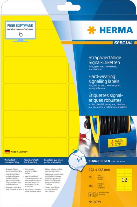Étiquettes en plastique résistantes HERMA 8029 Jaune Rectangulaires A4 99,1 x 42,3 mm 25 feuilles de 12 étiquettes 8029