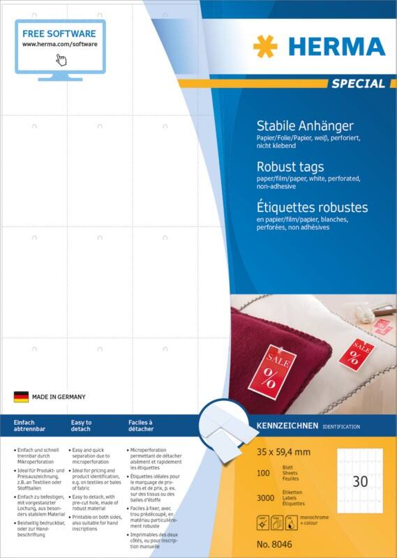 Étiquettes HERMA Laser 8046 non adhésif A4 Blanc 35 x 59.4 mm 100 Feuilles de 30 Étiquettes