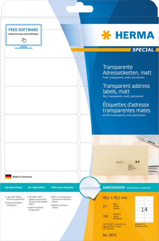 Étiquettes d'adresse HERMA Laser 8671 Adhésif A4 Transparent 99.1 x 38.1 mm 25 Feuilles de 14 Étiquettes