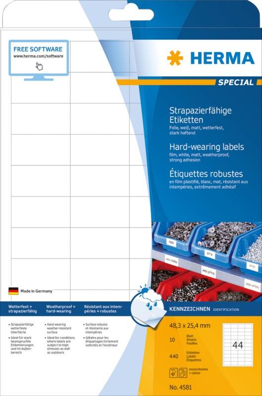 HERMA Etiketten 4581 Klevend A4 48,3 x 25,4 mm  10 Vellen à 44 Etiketten