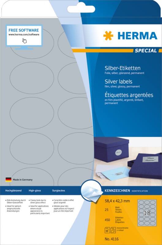 Étiquettes en plastique HERMA 4116 Argentées Ovales A4 58,4 x 42,3 mm 25 Feuilles de 18 Étiquettes 4116