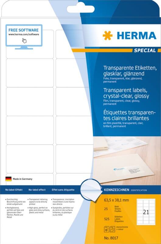 Étiquettes en plastique résistantes HERMA 8017 Transparent Rectangulaires A4 63,5 x 38,1 mm 25 Feuilles de 21 Étiquettes 8017