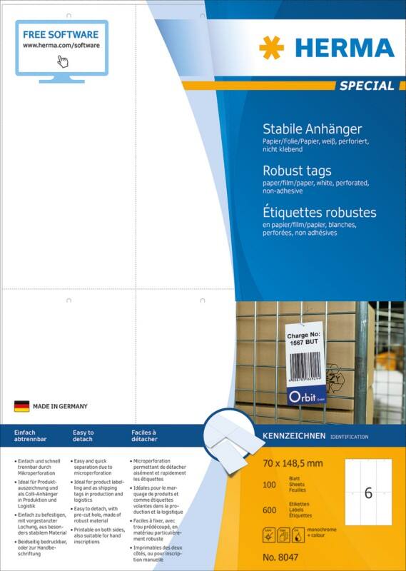 HERMA Laser Etiketten 8047 A4 Wit 70 x 148,5 mm  100 Vellen à 6 Etiketten