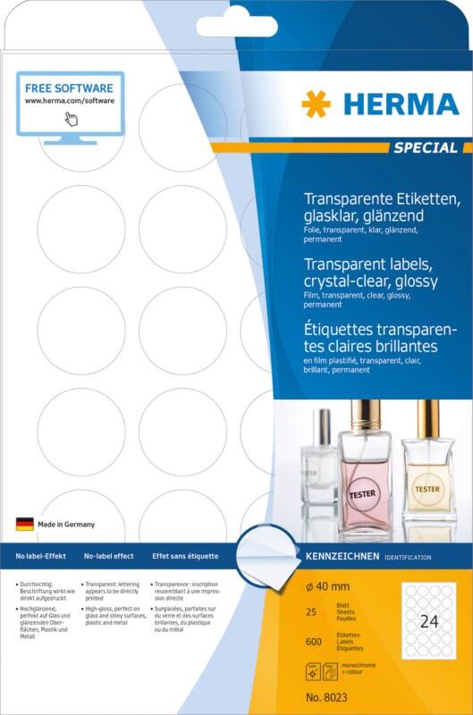 Étiquettes en plastique résistantes HERMA 8023 Transparent A4 Ø 40 mm 25 feuilles de 24 étiquettes 8023
