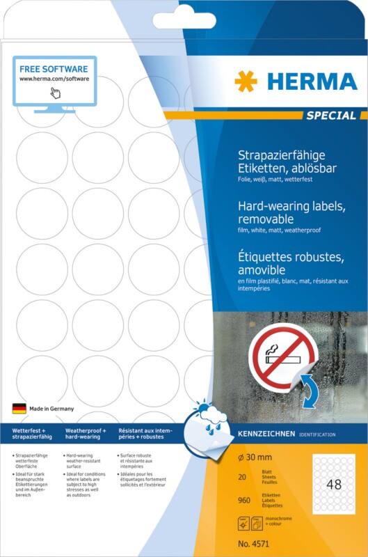 Étiquettes imperméables HERMA 4571 A4 Blanc Ø30 mm 20 Feuilles de 48 Étiquettes 4571