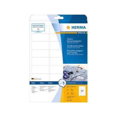 Étiquettes badges HERMA 4511 Blanc, en textile Rectangulaires 63 x 29 mm 20 feuilles de 27 étiquettes 4511