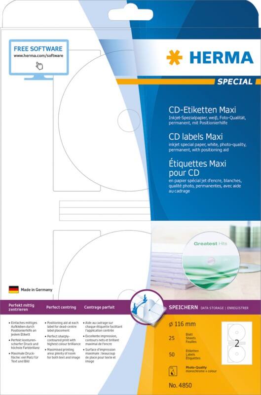 Étiquettes CD/DVD HERMA 4850 adhésif 116 x 116 mm 25 Feuilles de 2 Étiquettes
