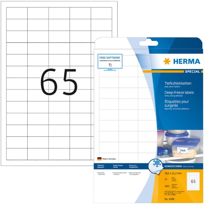 HERMA Laser Vriezeretiketten 4388 Zelfklevend A4 Wit 38,1 x 21,2 mm 25 Vellen à 65 Etiketten