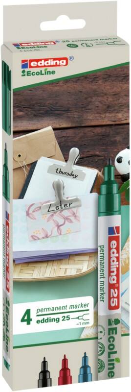 edding EcoLine 25 Permanentmarker Fijn Ronde punt - 1 mm Kleurenassortiment Navulbaar Waterbestendig 4 Stuks
