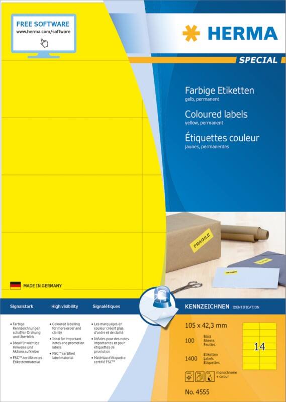 Étiquettes universelles HERMA Laser 4555 Adhésif 10,5 x 4,2 cm 100 Feuilles de 14 Étiquettes