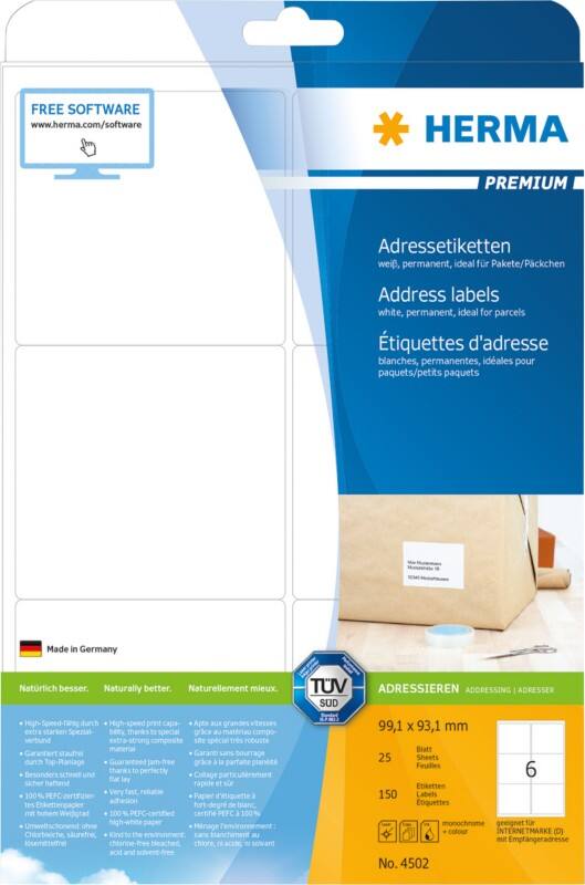 Étiquettes d'adresse HERMA Laser 4502 Adhésif Blanc 9,91 x 9,31 cm 25 Feuilles de 6 Étiquettes