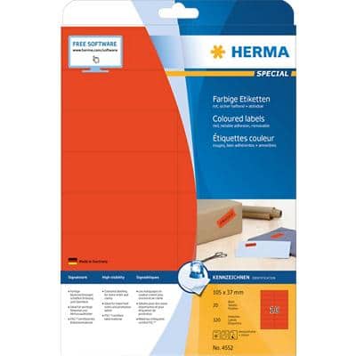 Étiquettes de couleur HERMA 4552 Rouge Rectangulaires 105 x 37 mm 20 feuilles de 16 étiquettes 4552