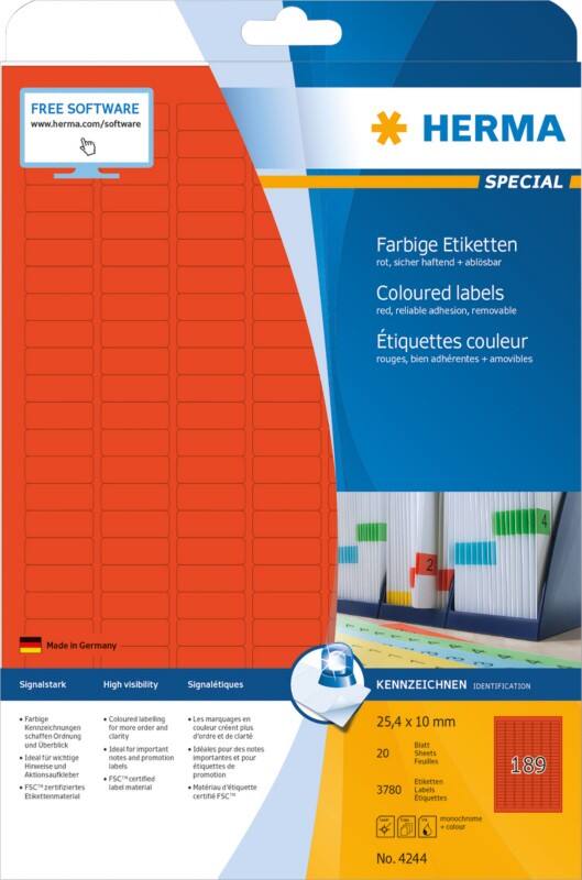 HERMA Laser Etiketten 4244 Klevend Rood 2,54 x 1 cm  20 Vellen à 189 Etiketten